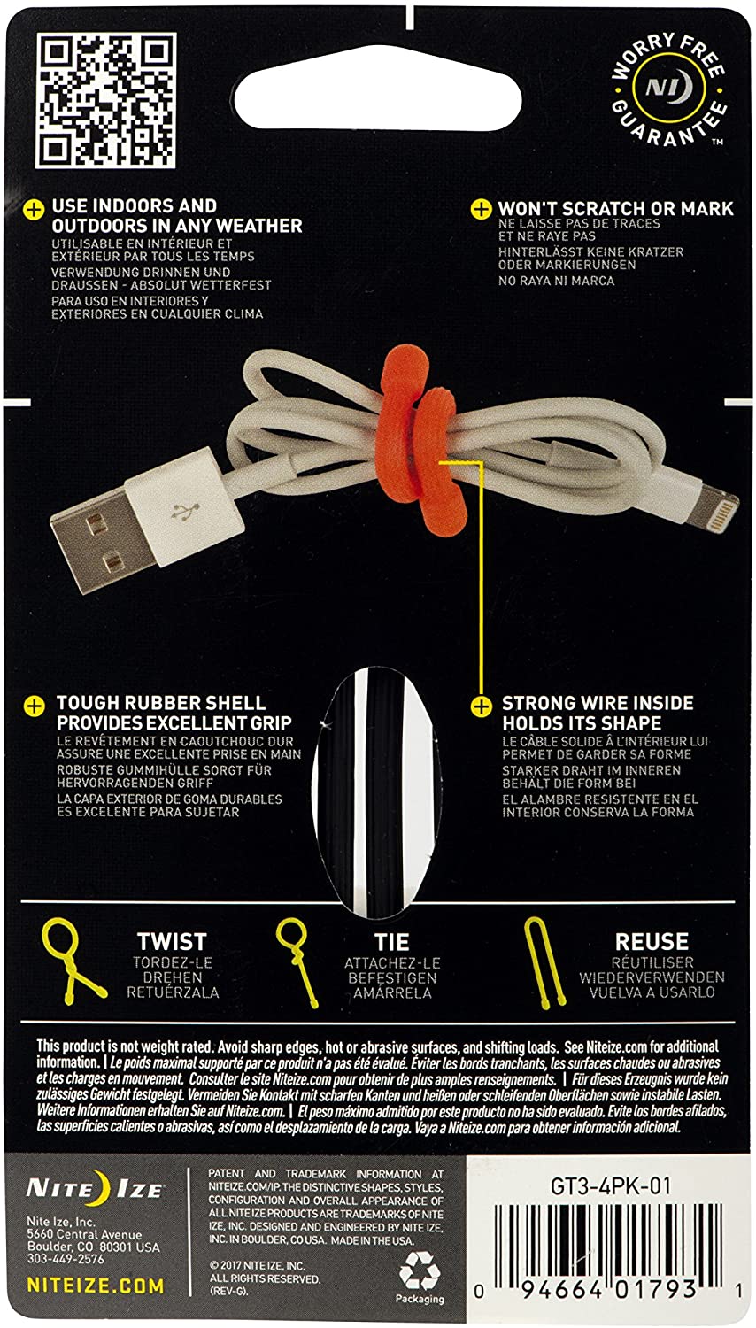 NITEIZE GEAR TIE REUSEABLAE RUBBER TWIST TIE 3IN 4 PACK