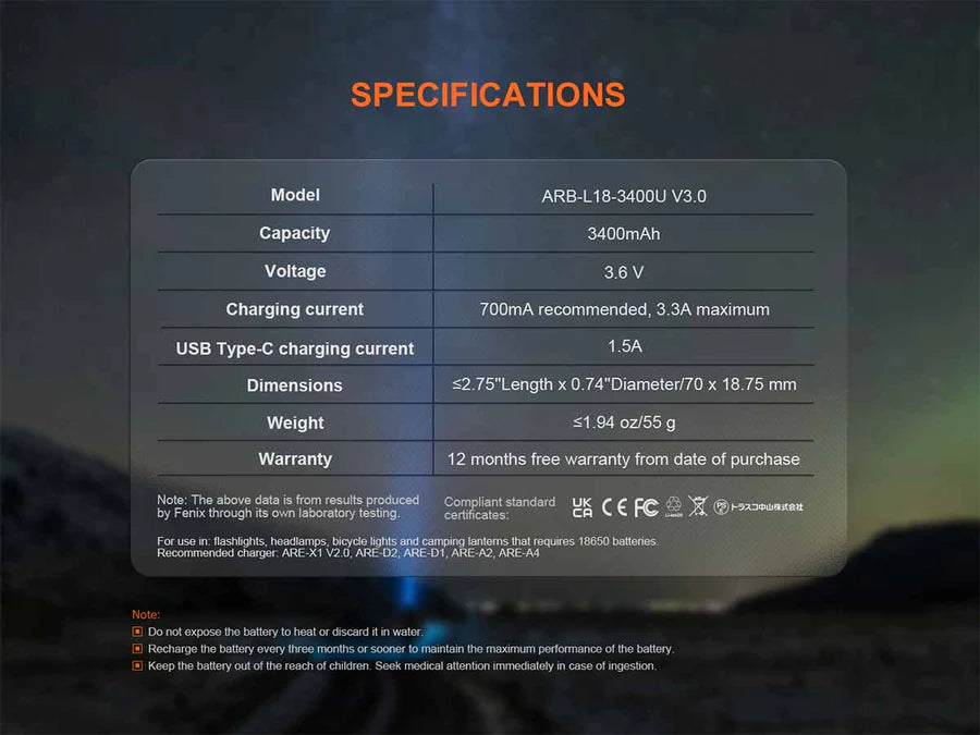 FENIX 18650 Battery ARB-L18-3400U V3.0