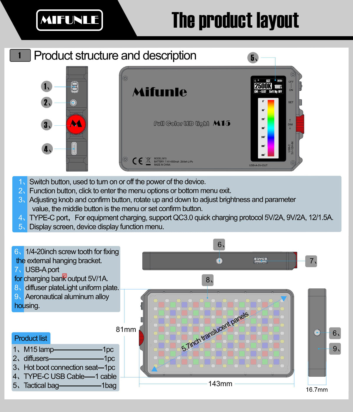MIFUNLE FULL COLOR LED LIGHT M15