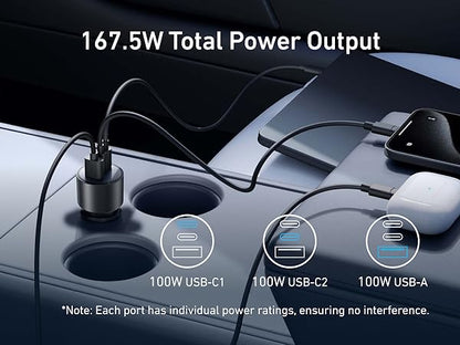 ANKER CAR CHARGER (167.5W, 3 PORTS) WUTH CABLE BUNDLE GRAY