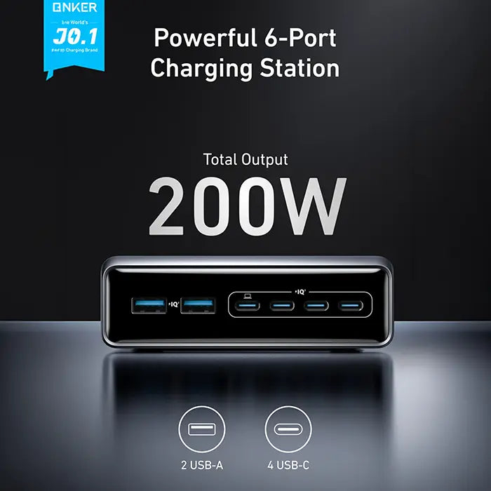ANKER PRIME CHARGER (200W, 6 PORTS, GaN) SILVER