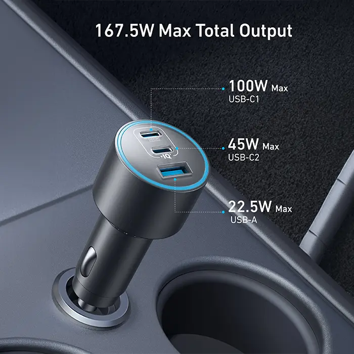 ANKER CAR CHARGER (167.5W, 3 PORTS) WUTH CABLE BUNDLE GRAY