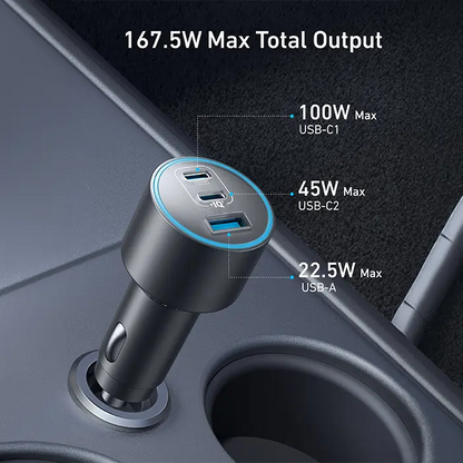 ANKER CAR CHARGER (167.5W, 3 PORTS) WUTH CABLE BUNDLE GRAY