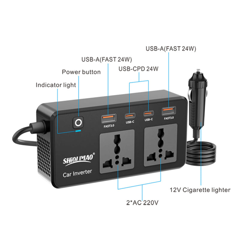 220V CAR INVERTER 200W PD TYPE-C USB