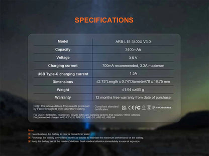 FENIX 18650 Battery ARB-L18-3400U V3.0