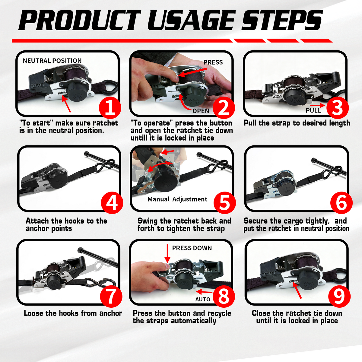 RETRACTABLE RATCHET TIE DOWN STRAPS SET