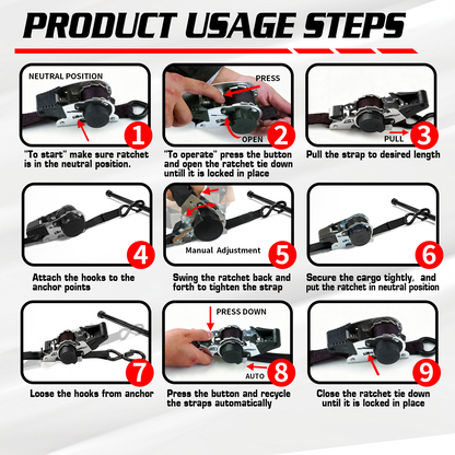 RETRACTABLE RATCHET TIE DOWN STRAPS SET