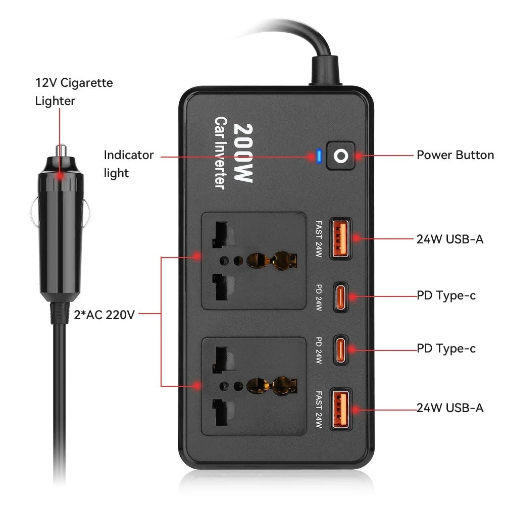 محول طاقة للسيارة 220 فولت، 200 واط، منفذ USB من النوع C بتقنية الشحن السريع PD