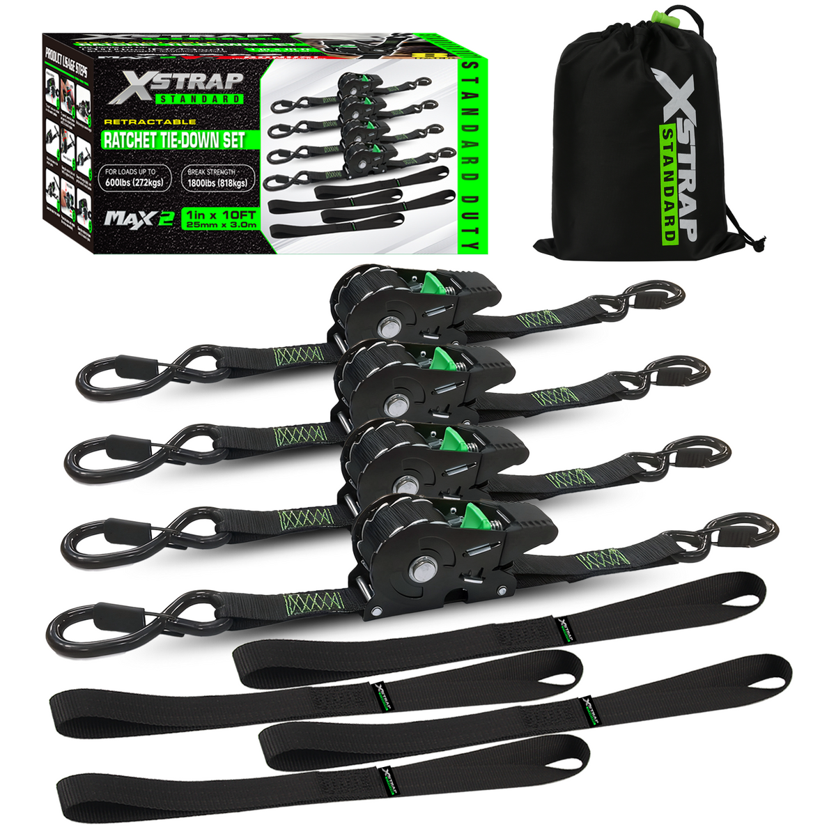 RETRACTABLE RATCHET TIE DOWN STRAPS SET