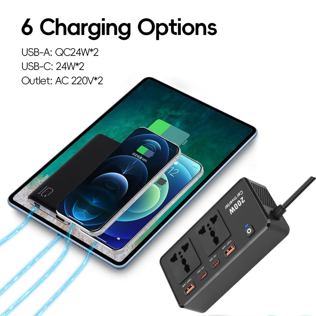 محول طاقة للسيارة 220 فولت، 200 واط، منفذ USB من النوع C بتقنية الشحن السريع PD