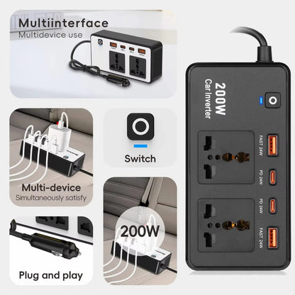 محول طاقة للسيارة 220 فولت، 200 واط، منفذ USB من النوع C بتقنية الشحن السريع PD