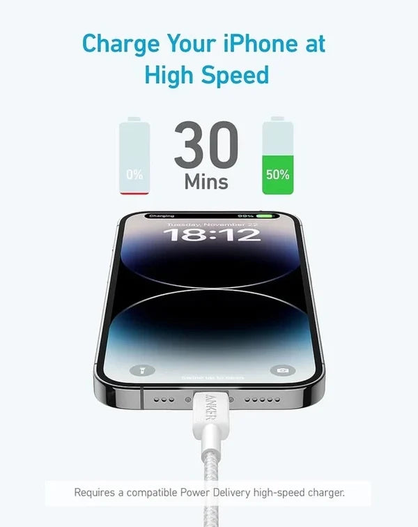 ANKER 322 USB-C TO LIGHTNING CABLE (6FT/1.80 BRAIDED) WHITE