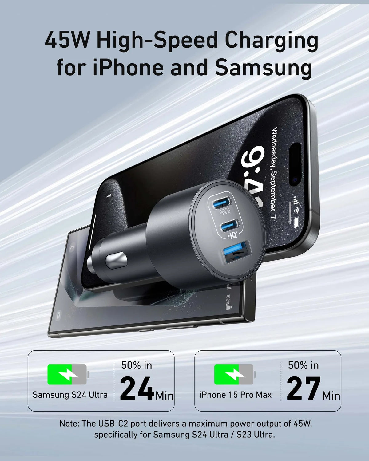 ANKER CAR CHARGER (167.5W, 3 PORTS) WUTH CABLE BUNDLE GRAY