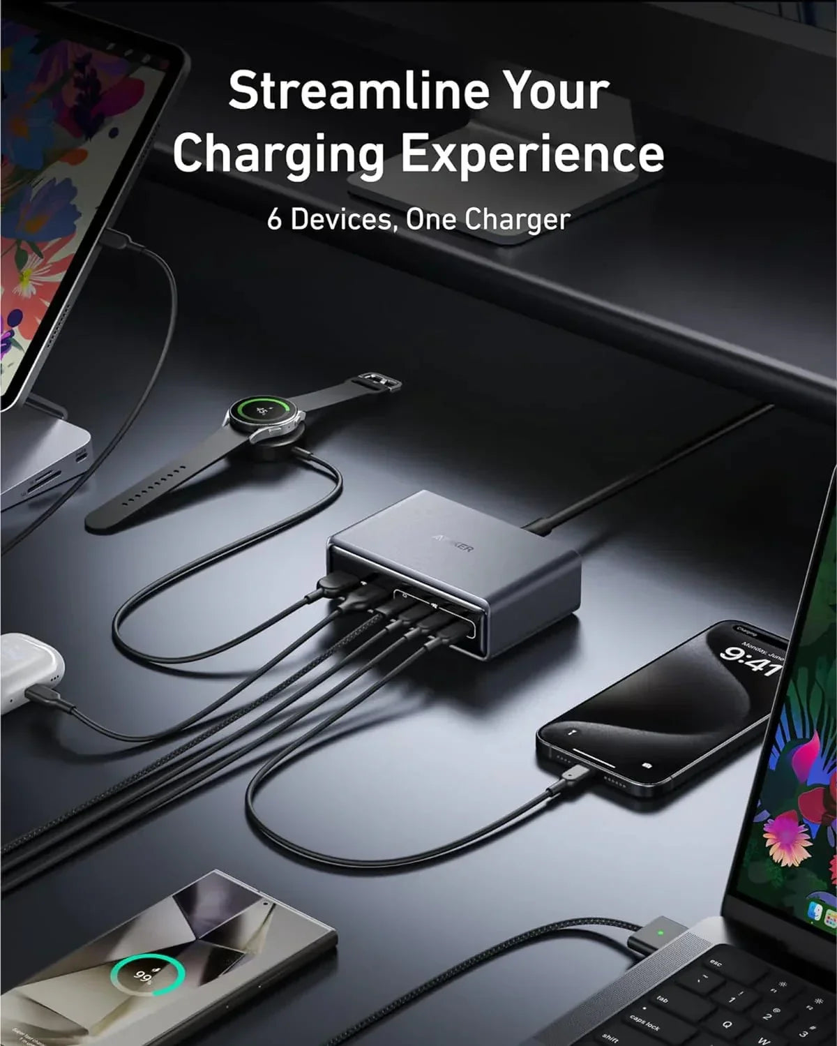 ANKER PRIME CHARGER (200W, 6 PORTS, GaN) SILVER