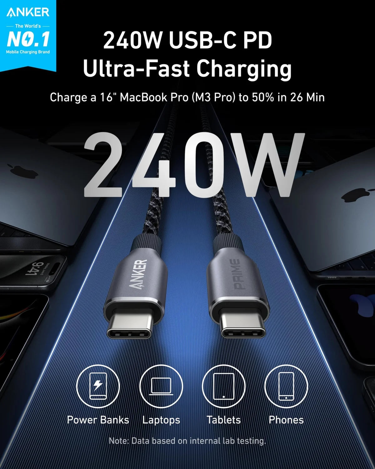 كابل ANKER PRIME من USB-C إلى USB-C (1.80 متر، 240 واط، مضفر معاد التدوير) أسود