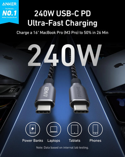 كابل ANKER PRIME من USB-C إلى USB-C (1.80 متر، 240 واط، مضفر معاد التدوير) أسود