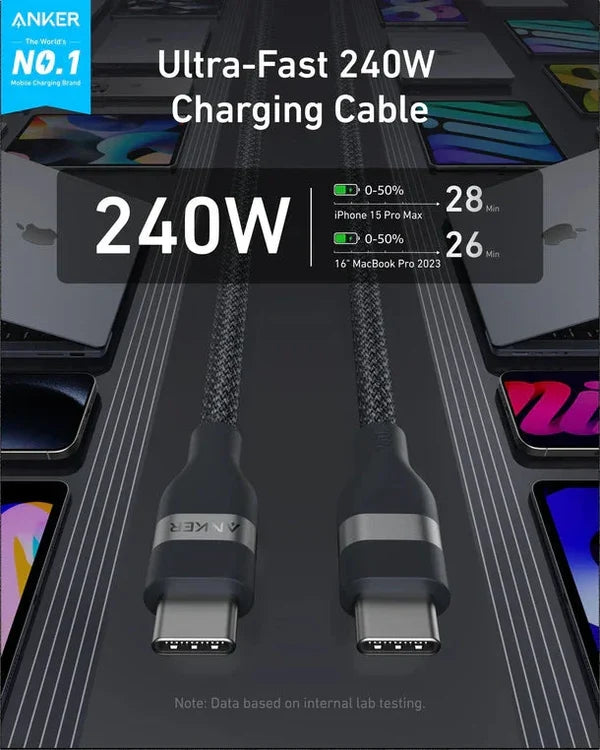 كابل أنكر USB-C إلى USB-C (طول 1.8 متر، 240 واط، مضفر معاد التدوير)