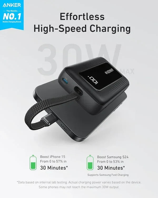 ANKER POWER BANK (10K,30W, BUILT-IN USB-C CABLE)-BLACK