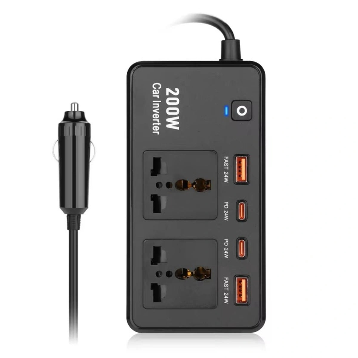 محول طاقة للسيارة 220 فولت، 200 واط، منفذ USB من النوع C بتقنية الشحن السريع PD