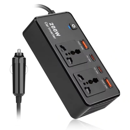 محول طاقة للسيارة 220 فولت، 200 واط، منفذ USB من النوع C بتقنية الشحن السريع PD
