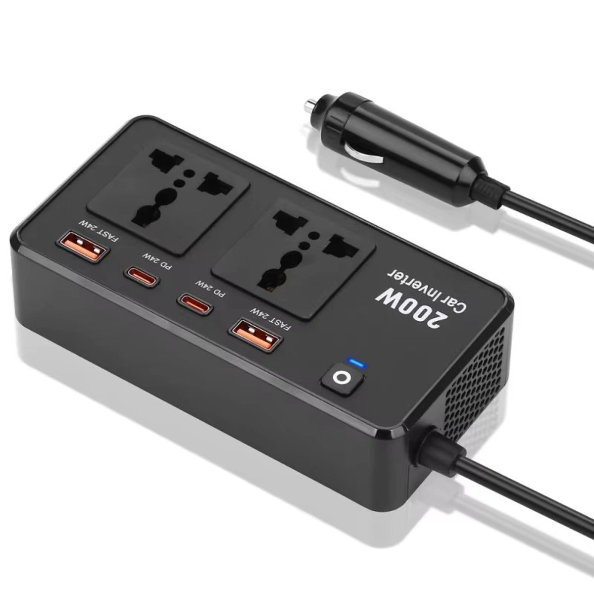 محول طاقة للسيارة 220 فولت، 200 واط، منفذ USB من النوع C بتقنية الشحن السريع PD