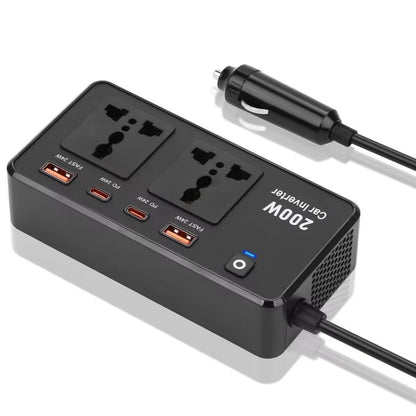 محول طاقة للسيارة 220 فولت، 200 واط، منفذ USB من النوع C بتقنية الشحن السريع PD